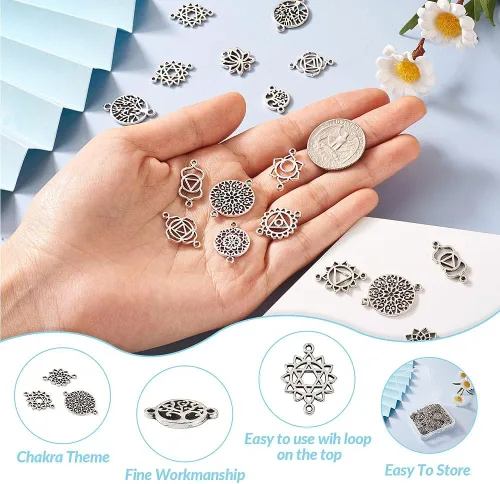 Miniatura 2 de Pandahall - 120 dijes de flores tibetanas con conector de chakras, aleación de plata antigua, dijes de conector de flores huecas, 12 estilos