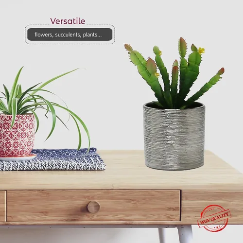 Miniatura 4 de WGVI Jarrón cilíndrico de cerámica grabada plateada de 6.5" de ancho y 6" de alto, arreglos florales, portavelas, maceta de terrario, contenedor