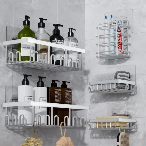 Miniatura 10 de Juego de 5 organizadores adhesivos para ducha, organizador de acero inoxidable a prueba de óxido para almacenamiento en el baño con gran capacidad
