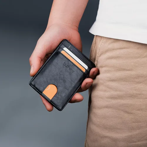 Miniatura 7 de Buffway Billetera delgada para hombre, minimalista con bolsillo frontal delgado, tarjetero de cuero con bloqueo RFID para viajes de trabajo