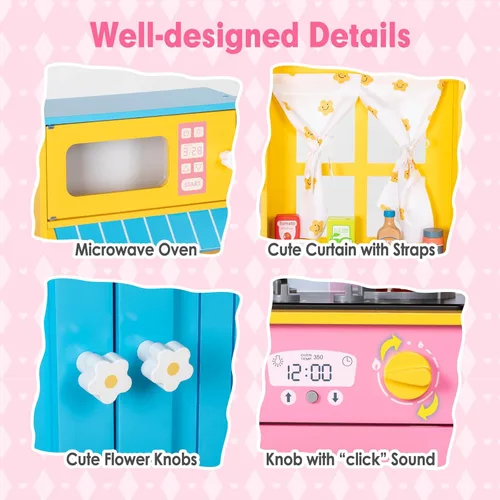 Miniatura 2 de BRINJOY Juego de cocina para niños, cocina de madera para niños con grifo, fregadero, estufa, horno, cortinas, utensilios de cocina, armarios