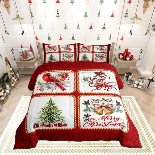 Miniatura 14 de Juego de edredón de Feliz Navidad, tamaño individual, juego de ropa de cama de flores rojas de Navidad, bayas y hojas, para niños y hombres, juego