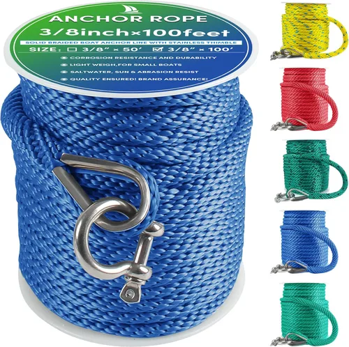 Miniatura 27 de Cuerda de anclaje premium de 100 pies x 3/8 pulgadas, cuerda marina de línea de anclaje MFP trenzada sólida con dedal y grillete, color negro