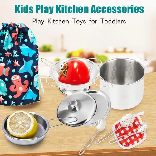 Miniatura 4 de Utensilios de cocina en miniatura, juguetes de cocina de juego de simulación, juego de cocina de acero inoxidable, juguetes de juego Montessori
