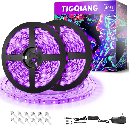 TigQiang Tira de luz negra, luz LED flexible de 40 pies con kit de 720 cuentas de lámpara, luz LED de 12 V, no impermeable para fiestas de baile