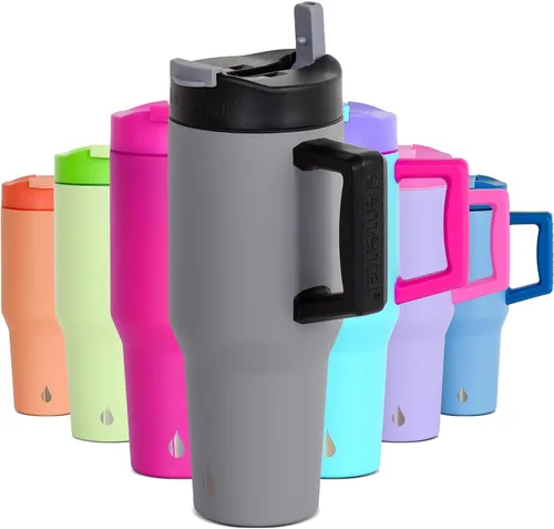 Miniatura 13 de Elemental Vaso de 40 onzas con asa y popote - A prueba de derrames, aislado de acero inoxidable para uso diario - Taza de café de viaje con 2