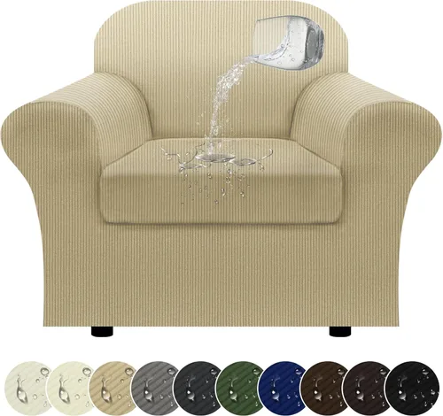 Miniatura 49 de Funda impermeable para silla con brazos, juego de 2 piezas, funda a rayas para 1 sofá separado con cojín en T, fundas de sillón de tela