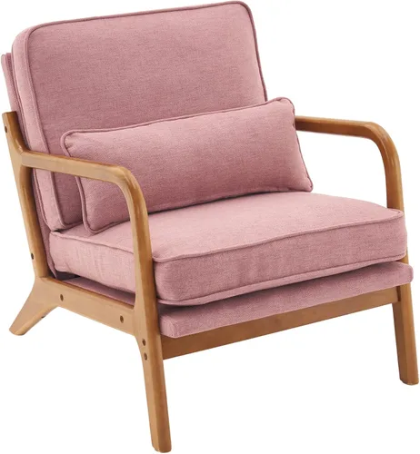 Miniatura 18 de SSLine Sillón tapizado moderno de tela de lino suave con almohada y marco de madera de roble, cómodo sofá individual con respaldo alto, silla
