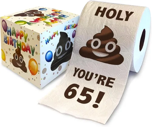 Printed TP Papel higiénico de regalo de cumpleaños 65, divertido regalo de broma de cumpleaños de Holy You're 65, regalo de broma de papel