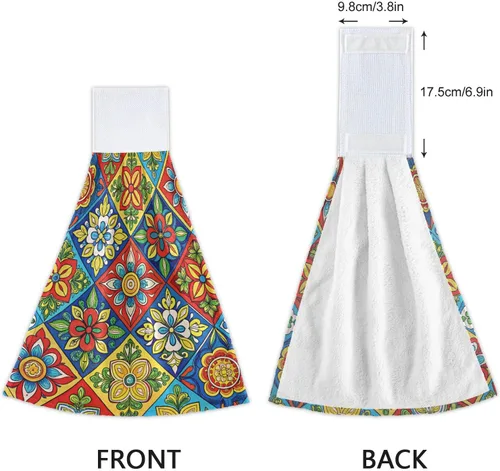 Miniatura 4 de 2 toallas de mano colgantes suaves y absorbentes con patrón de talavera mexicana para cocina y baño