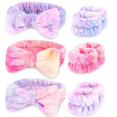 CIEHER 12 PCS Diademas de Maquillaje para Mujeres Muñequeras Bandas de Lavado Scrunchies Puños para Lavar la Cara, Banda de Cabello Suave con Lazo a