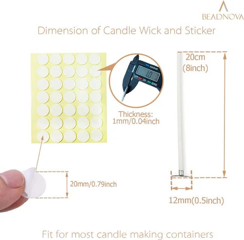 Miniatura 2 de BEADNOVA Mechas de velas de 8 pulgadas, 50 piezas con calcomanías para velas, mechas grandes de algodón y mechas de vela de doble cara, calcomanías
