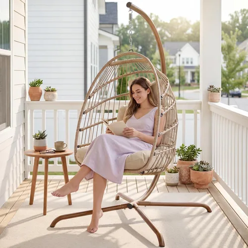 NICESOUL Acogedora silla colgante con soporte para interiores y exteriores, silla columpio de mimbre para patio con cojín y patas doradas, 350