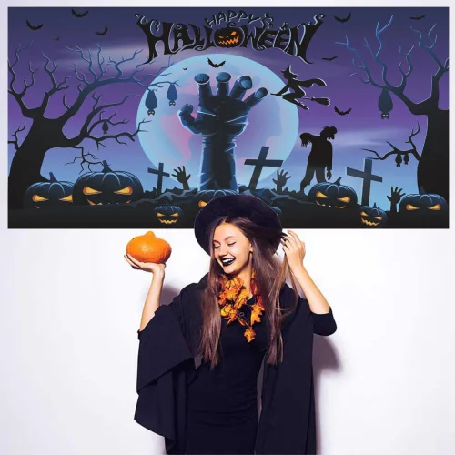Miniatura 3 de Telón de fondo de Halloween de 7 x 5 pies, pancarta de fondo de noche de terror para fiesta de Halloween, calabaza, luna, rama de árbol seco