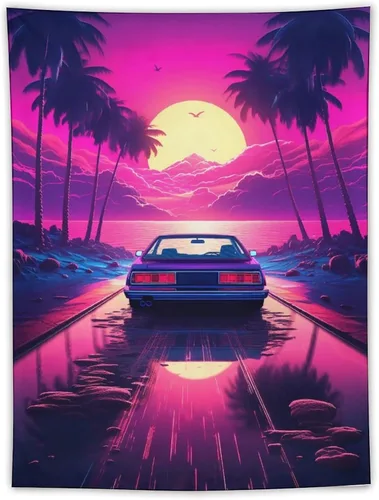 Miniatura 12 de QEOPGNE Synthwave - Tapiz morado para automóvil deportivo de anime, arte de pared de automóvil de carreras de neón, Vaporwave de neón, decoración
