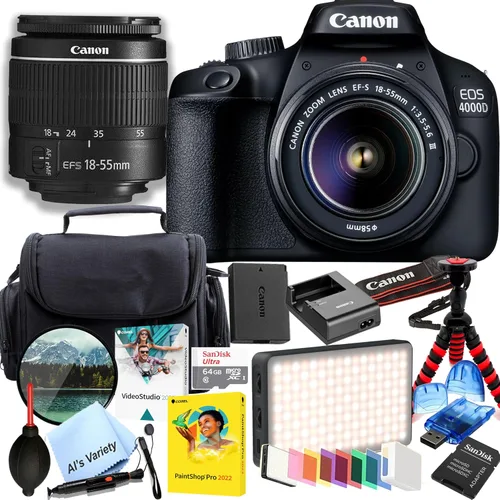Canon Cámara DSLR EOS 4000D/Rebel T100 con lente de zoom EF-S de 0.709-2.165 in F/3.5-5.6 + memoria de 64 GB, luz de video LED, filtro, trípode y