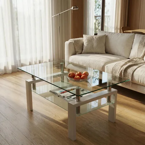 Miniatura 6 de Mesa auxiliar de cristal para sala de estar, mesa central rectangular de 2 niveles con patas de metal, mesa auxiliar para el hogar, oficina