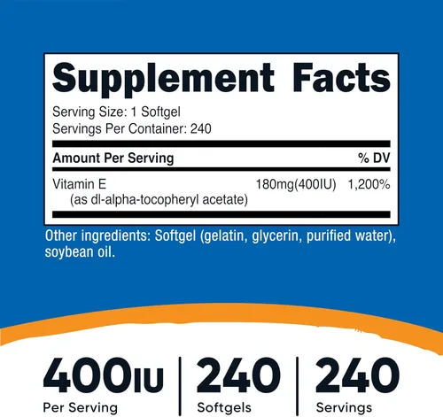 Miniatura 2 de Nutricost Vitamina E 400 UI, 240 Cápsulas de gelatina blanda - Sin gluten, sin OMG