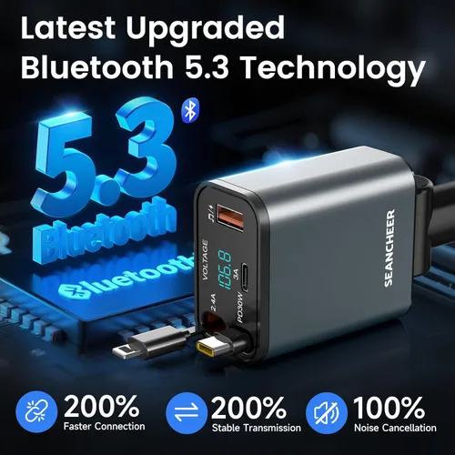 Miniatura 6 de SEANCHEER Adaptador Bluetooth para automóvil y cargador de automóvil USB C, adaptador de encendedor de cigarrillos de 69 W con 2 cables retráctiles