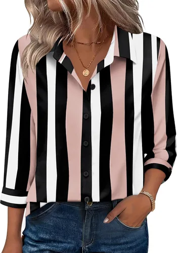 Miniatura 10 de Zeagoo Camisas con botones para mujer, manga 3/4, cuello en V, blusas con cuello en V, trajes casuales de negocios