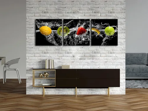 Miniatura 5 de Pyradecor Arte de paisaje moderno y grande de frutas bailarinas, 3 piezas, lienzo giclée envuelto en galería, cuadros negros sobre lienzo, arte