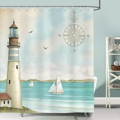 Cortina de Ducha Bonhause Lighthouse, Decoración de Baño Náutica Costera con Velero y Brújula, 72 x 72 Pulgadas, Tela de Poliéster Impermeable,