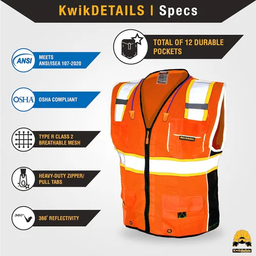 Miniatura 5 de KwikSafety - Charlotte, NC - Chaleco de seguridad clásico y supremo [bolsillo gigante] Clase 2 Trabajo PPE ANSI probado OSHA Cumple con OSHA Naranja