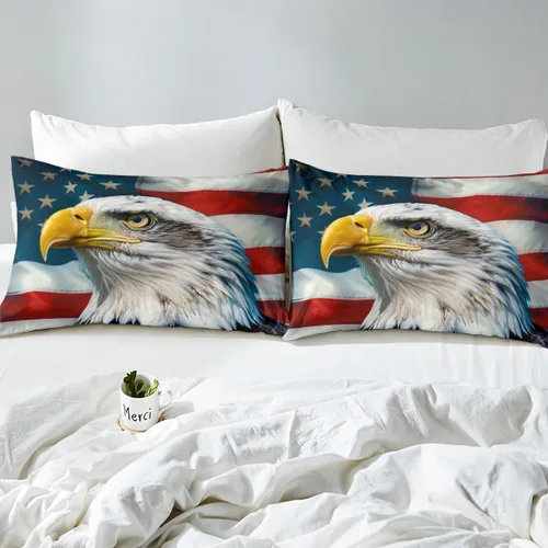 Miniatura 5 de Juego de ropa de cama de bandera estadounidense tamaño individual para habitación de niños y niños, juego de funda de edredón de águila calva, funda
