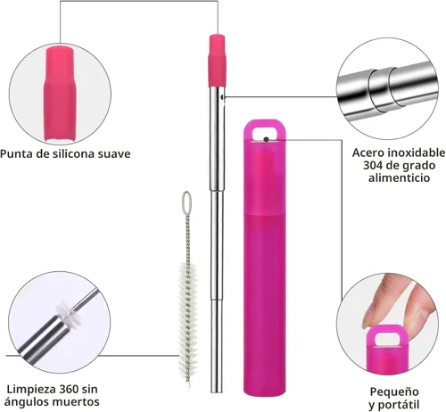 Miniatura 2 de Popotes de metal reutilizables, paquete de 2 popotes plegables y portátiles de acero inoxidable, con carcasa de plástico, puntas de silicona