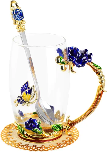 WD&CD Tazas de café y té de vidrio con mariposas y rosas, con cuchara y posavasos, regalos para su novia, esposa, madre, mujeres en el día de San