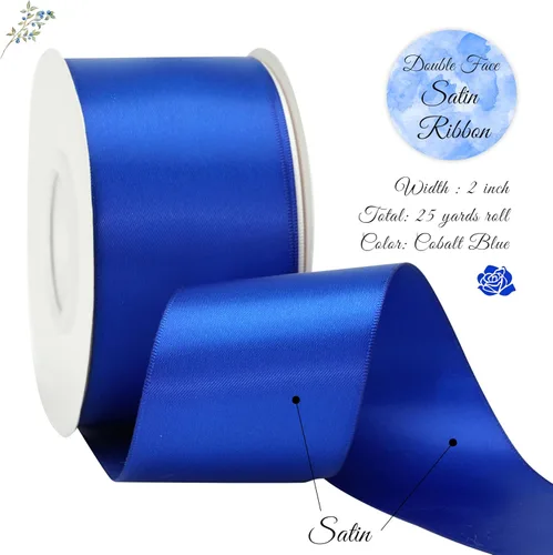 Miniatura 2 de Cinta de satén de doble cara azul real de 2 pulgadas x 25 yardas para envoltura de regalos, decoración de boda, ramo de novia, manualidades de Azul