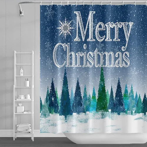 Miniatura 10 de Yeele Cortina de ducha de Feliz Navidad, diseño de rejilla blanca y negra, para invierno, árbol de Navidad, gnomo, juego de cortinas de ducha 2