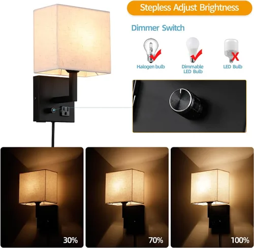 Miniatura 3 de Aplique de pared enchufable, lámpara de pared de cabecera con enchufe e interruptor regulable, con puerto de carga USB y enchufe, adecuado para Negro