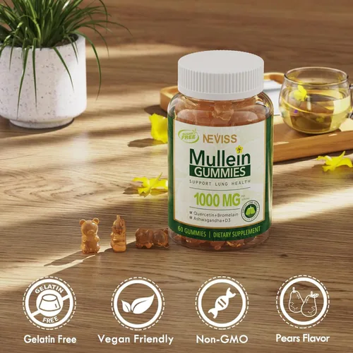 Miniatura 8 de NEVISS Gomitas de gordolobo para pulmones, extracto orgánico de hoja de gordolobo de 1000 mg para sistema respiratorio con quercetina y bromelina