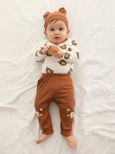 Miniatura 118 de Conjunto de 3 piezas de ropa de bebé recién nacido con estampado de manga larga + pantalones + sombrero