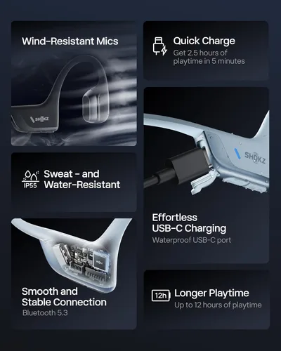 Miniatura 8 de SHOKZ OpenRun Pro - Auriculares de conducción de 2 huesos, auriculares deportivos inalámbricos Bluetooth de oreja abierta para correr, Azul
