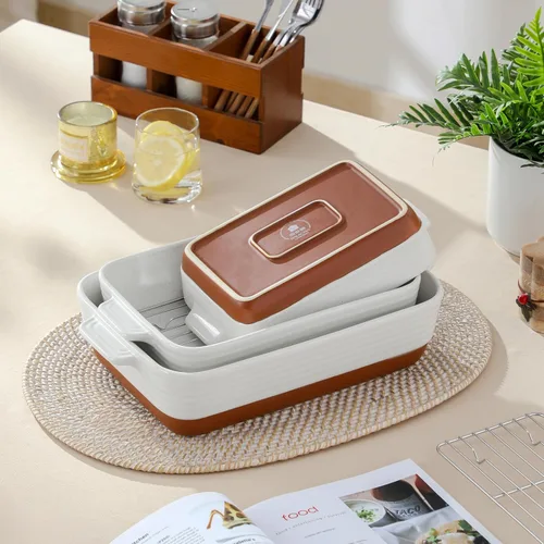 Miniatura 8 de MALACASA Juego de 3 platos de cacerola para horno con parrillas para asar, juego de platos de cerámica para hornear, juego de platos para hornear