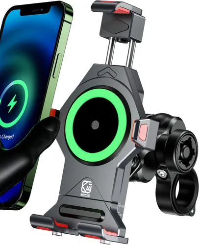 BRCOVAN Soporte de teléfono para motocicleta con cargador inalámbrico Qi de 15 W y amortiguador de vibraciones, antirrobo, antivibración, ajustable,
