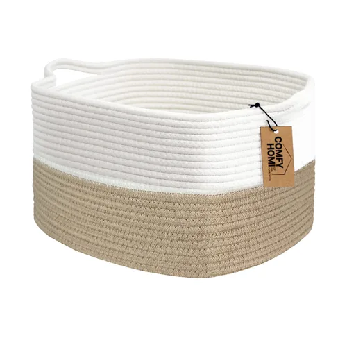COMFY-HOMI Cesta tejida de cuerda de algodón con asas para estantes, juguetes, libros, cestas de almacenamiento de tela para organizar, organizador