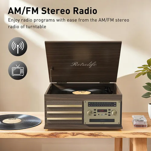 Miniatura 7 de Tocadiscos de vinilo 10-en-1 Centro de música con tocadiscos incorporados, altavoces integrados, soporte de 3 velocidades, entrada/salida