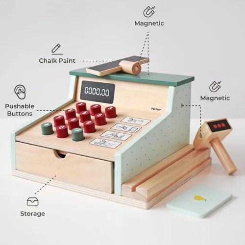 Miniatura 2 de PairPear Caja Registradora de Juguete de Madera, Juguetes de Juego de Simulación para Contar Dinero para Niños con Escáner y Tarjeta de Crédito