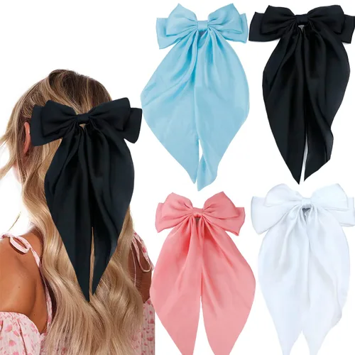 4 lazos de satén sedoso para el cabello, clip de cinta para el cabello, con lazo grande, clips de metal, pasador francés, cola larga, accesorios