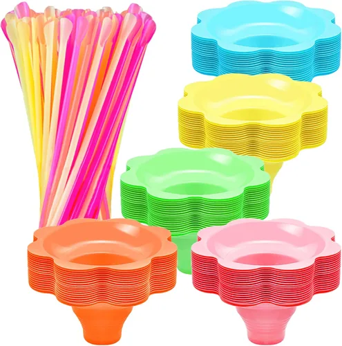 Qinsihwn 200 tazas de cono de nieve coloridos con pajitas de cuchara, taza de helado en forma de flor, tazas de plástico para aperitivos de cono