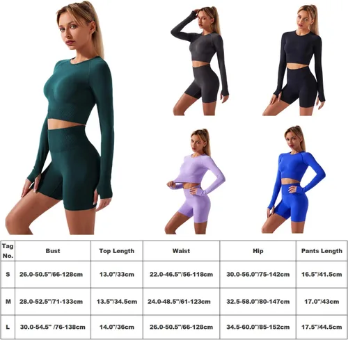 Miniatura 7 de Conjuntos de 2 piezas sin costuras para yoga y entrenamiento - con ombliguera de manga corta y pantalones cortos de tiro alto para correr