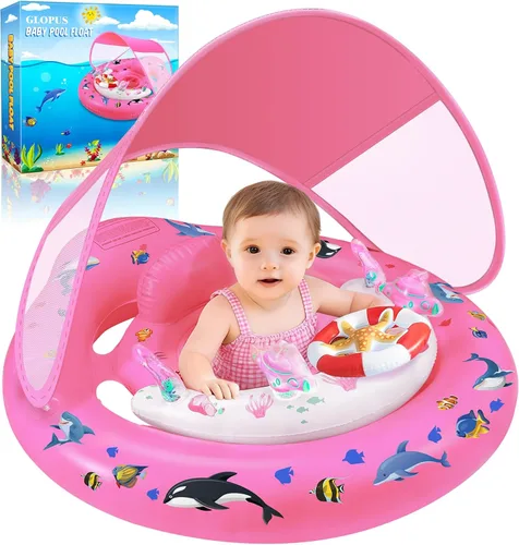 Flotador de piscina para bebé con dosel de protección solar UPF50+, flotadores inflables para piscina de niños con consola de juego para bebé de 6 a