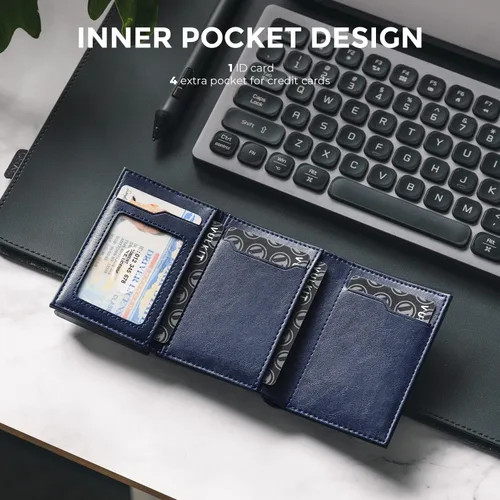 Miniatura 4 de VULKIT Cartera con tarjetero para hombre, con cierre magnético, bloqueo RFID, billetera de cuero triple, marino, Moderno