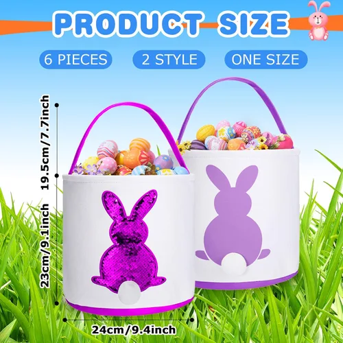 Miniatura 3 de Saintrygo 6 bolsas de cesta de conejo de Pascua para niños, cesta de caza de huevos de Pascua con asa, bolsas de regalo, cubo de transporte, Bright