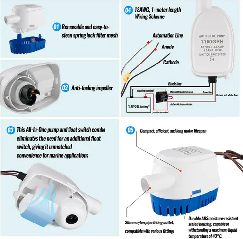 Miniatura 2 de Bomba de sentina marina automática de 12 V 1100 GPH con interruptor de flotador integrado - Bomba de agua sumergible de encendido/apagado automático