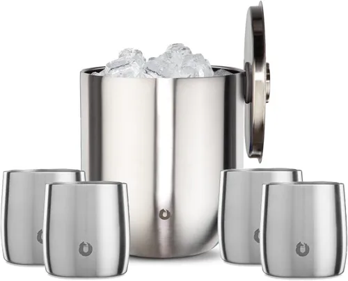 Snowfox Premium - Cubo para hielo aislado al vacío de acero inoxidable de 3L con tapa/pinzas y juego de 4 vasos para rocas - Accesorios para bar en