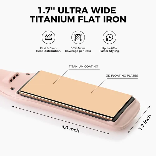 Miniatura 2 de Rozamor Plancha plana de titanio de 1.7 pulgadas de ancho con calor instantáneo para todo tipo de cabello, plancha plana de doble voltaje